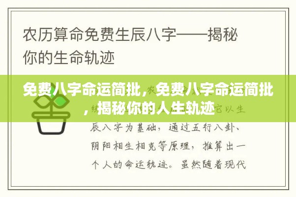 揭秘人生轨迹，免费八字命运简批详解